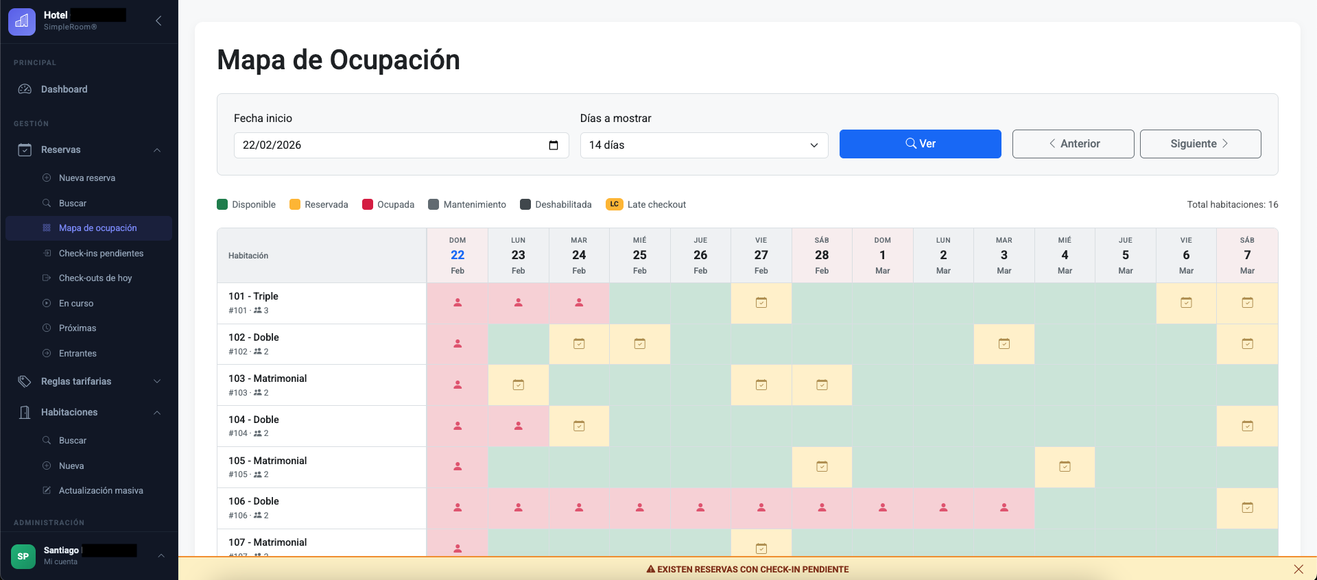 Dashboard del software de gestión hotelera SimpleRoom mostrando el mapa de ocupación con reservas